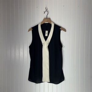 NWT Talbots Sleeveless Blouse L Black Ivory‎ Contrast Trim Career Workwear Top